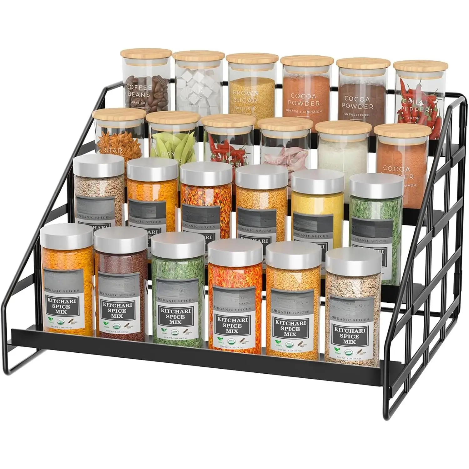 4 Tier Adjustable  Rack for Cabinet & Countertop, Black | Depth Adjustable,Anti-drop Guard Rail,Tiered Cabinet Organizer,Holds 24+ Jars,for Cabinet, Pantry & Kitchen Countertop