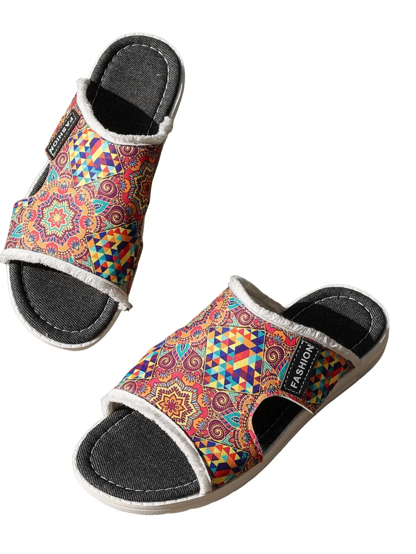 Vintage Ethnic Fringe Canvas Sandals for Women, Dual Cut-Out Flat Outdoor Slippers, Summer Beach Vacation Versatile Casual Lazy Shoes