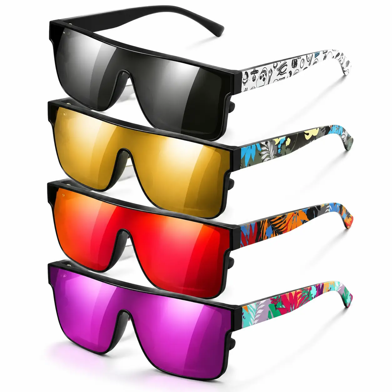Match every fit with this 4-pack!   Retro flat top shield shades with colorful mirrored lenses. Super deal for summer trips.
