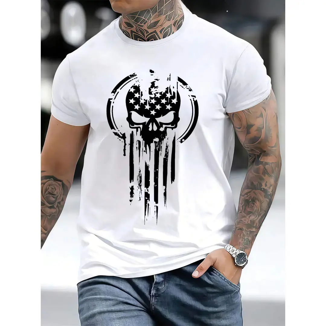 Men's Fitted American Warrior Graphic Sports Top - Casual Round Neck Shortsleeve Lightweight Cotton, Patriotic USA Flag, Distressed Grunge Skull Streetwear (All Seasons),funny,shirt,good,black,unique,humor,father,july,brown,summer,litrpg,y2k,unisex,tee,,,