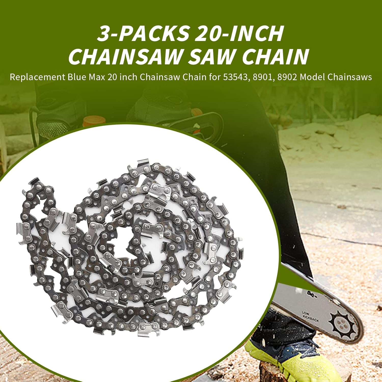 3 Pack 20" Chainsaw Chain 325" Pitch 058 Gauge 76DL Replacement for Blue Max 53543 8901 8902 Replacement for Husqvarna Stihl Poulan Craftsman Chainsaws