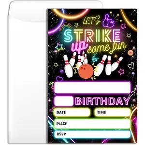Bowling Birthday Party Invitation 20 Pcs 4×6 Neon Bowling Theme Invitation Cards With Envelopes for Boys Girls Party Invites