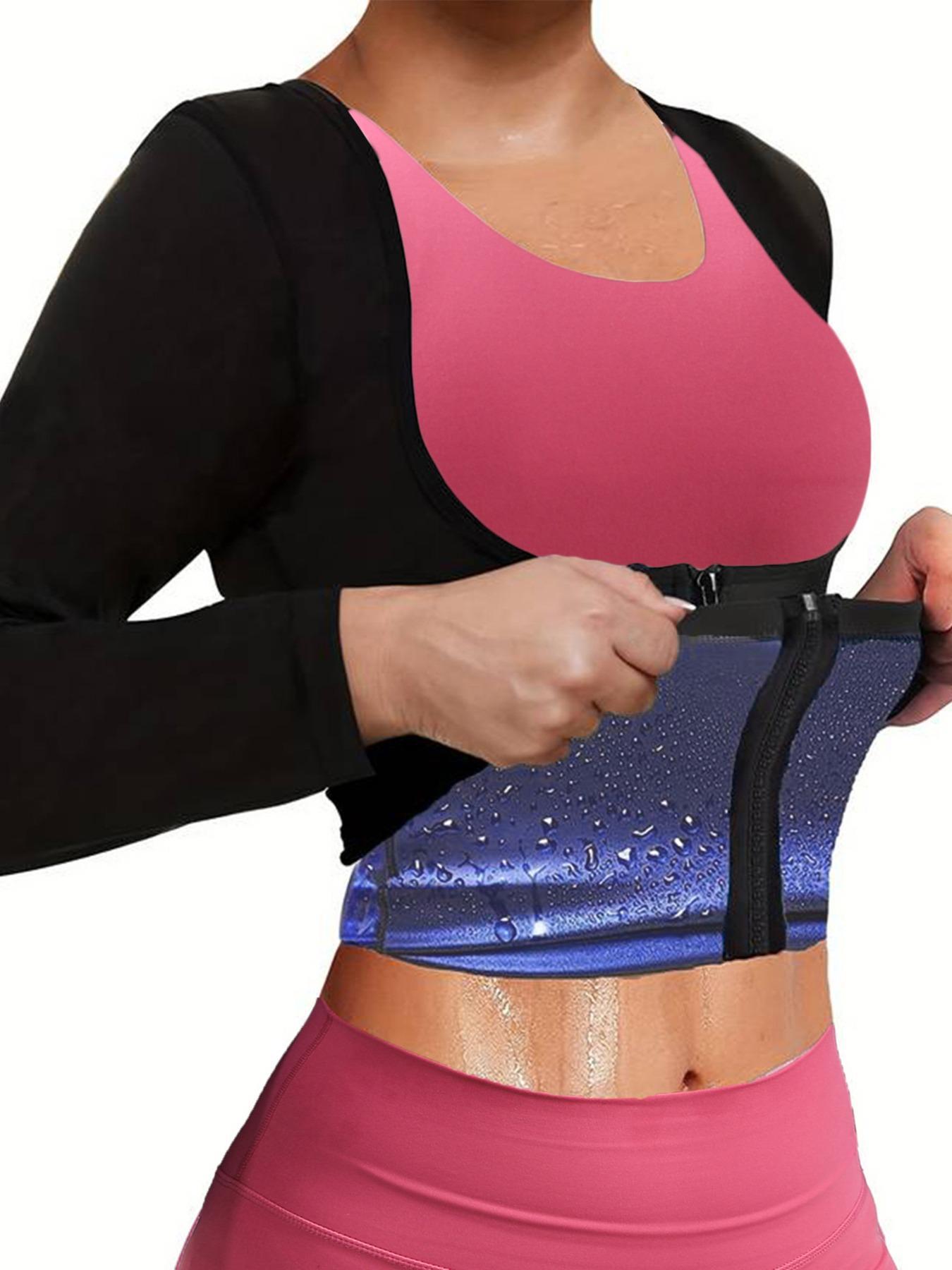 Women's Solid Long Sleeve Zip Up Sauna Top, Open Bust Tummy Control Sports Shapewear Top, Workout Gym Exercise Clothing, Women's Workout Clothes