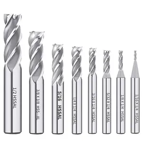8 count HSS 4 Flute End Mill  Set, Straight Shank High Speed Steel Milling Bits 1/16" to 1/2" for CNC Router, Milling Machine, Metal, , Plastic