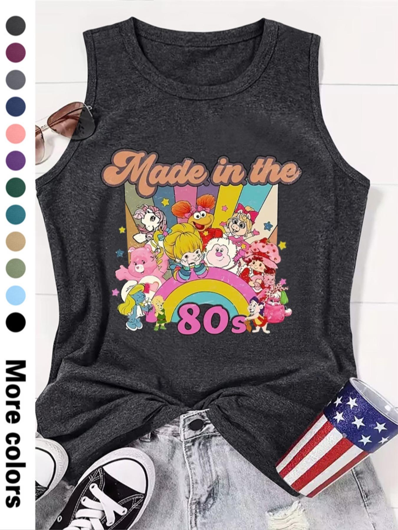 Fashionable Women's Cartoon Letter Print Round Neck Sleeveless Vest, Comfortable Knit Fabric, Summer Fitted Style, Available in 12 Colors