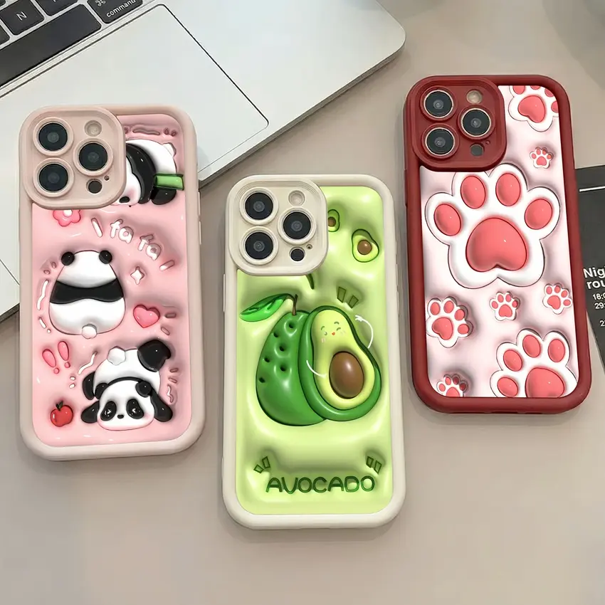 3D Illusion Puffy Print Collection – Panda Avocado Paw Case for iPhone X/XS/XS Max, 11-17 Series (Pro/Max/Plus/Mini/Air/16e/17e), Soft Visual-Effect TPU with Shockproof Bumper, Raised Lens Protection & Scratch-Free Playful Style