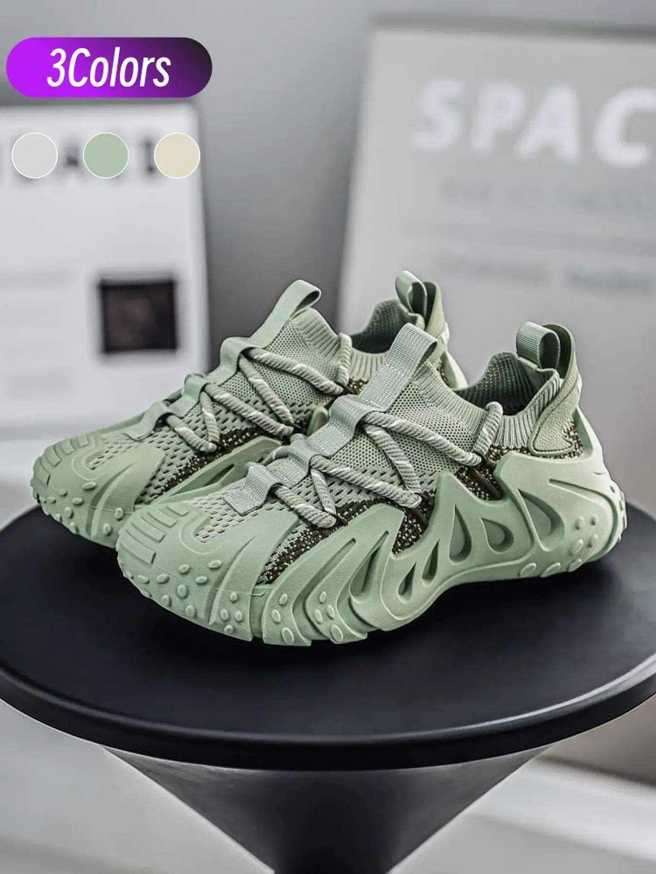 Men mecha hollow dad sneakers, breathable flyknit sock upper thick anti-slip sole trendy commute outdoor casual trainers, Breathable Casual Shoes
