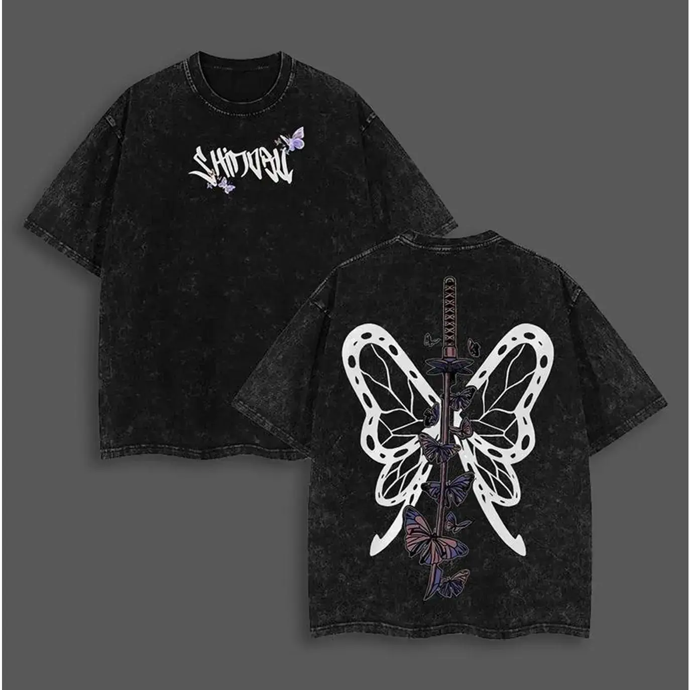 Unisex Demon Slayer Shinobu Kocho Vintage Washed Short-Sleeve T-Shirt, Heavy Double-Print Manga Clothes, Otaku Streetwear Gift for Anime Lovers, Sports Top, Shortsleeve