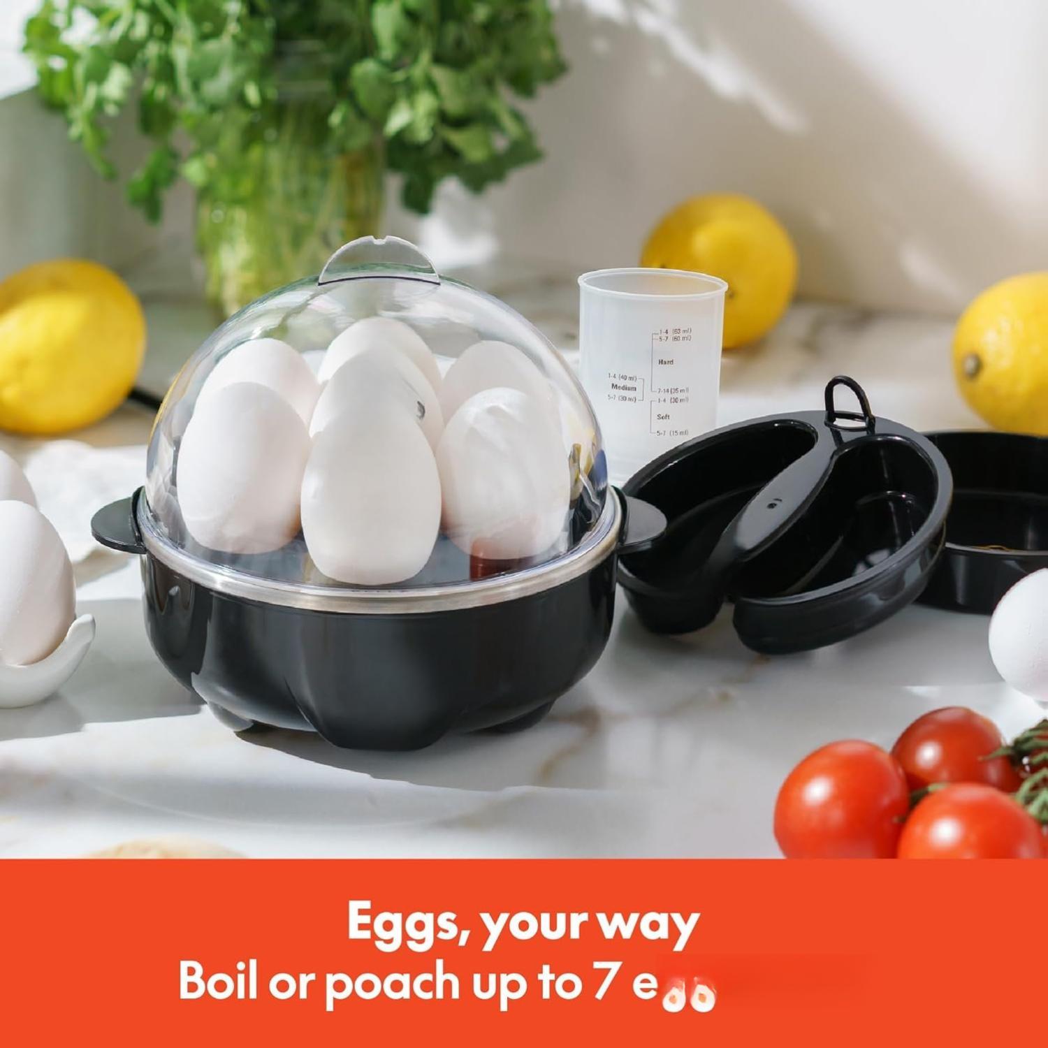 Egg Cooker, Rapid Boiler & Poacher, Meal Prep Essential, Family Sized Meals: Make Up To 7 Large Boiled Eggs, Dishwasher Safe Lid with Cool-Touch Handles, Poaching Tray Included, Black