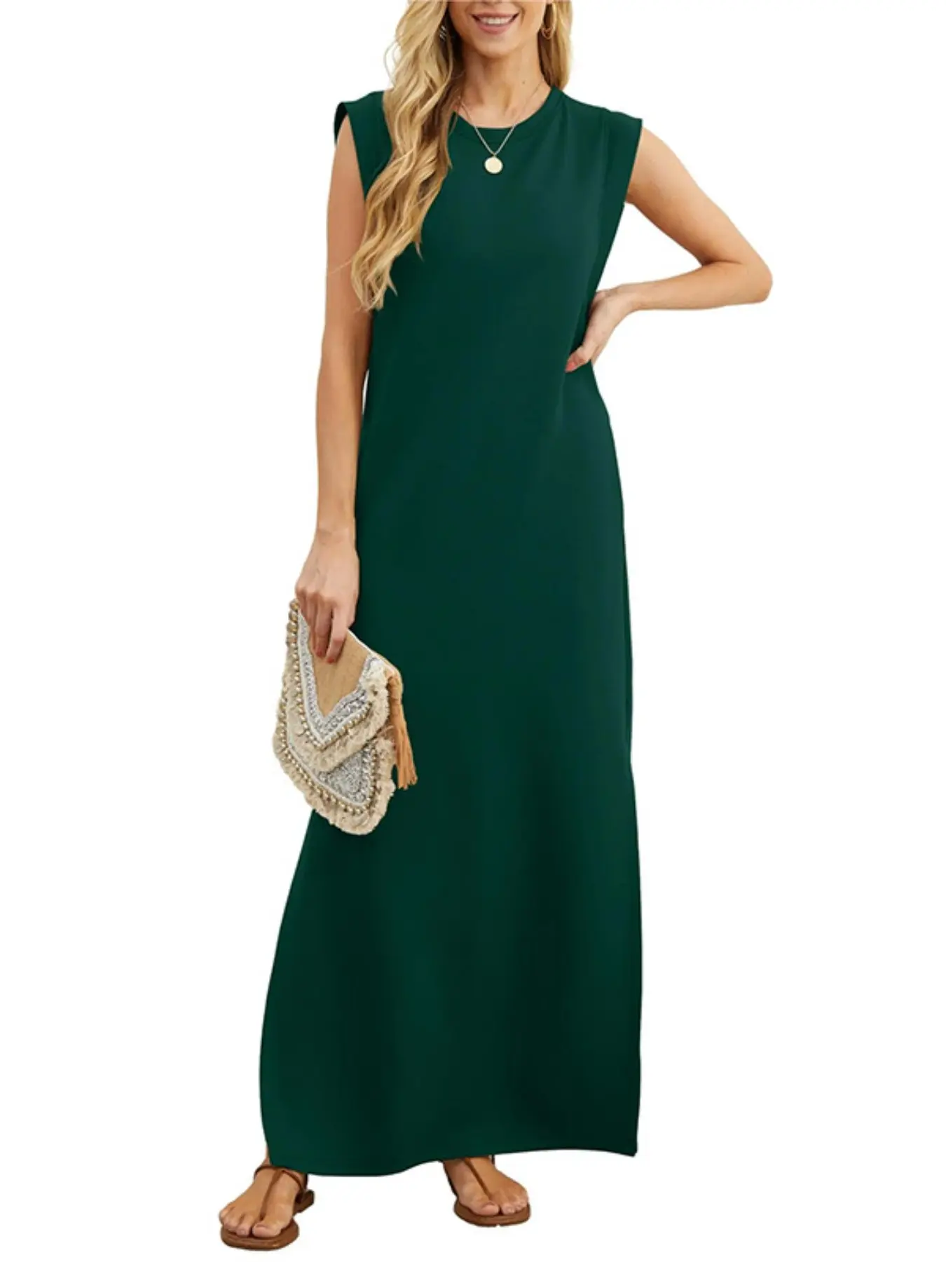 Women's Summer Round Neck Loose Split Anti-Wrinkle Vacation Long Dress with Pockets, Casual Style, Perfect for Warm Weather