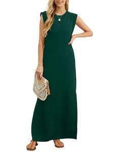 Women's Summer Round Neck Loose Split Anti-Wrinkle Vacation Long Dress with Pockets, Casual Style, Perfect for Warm Weather