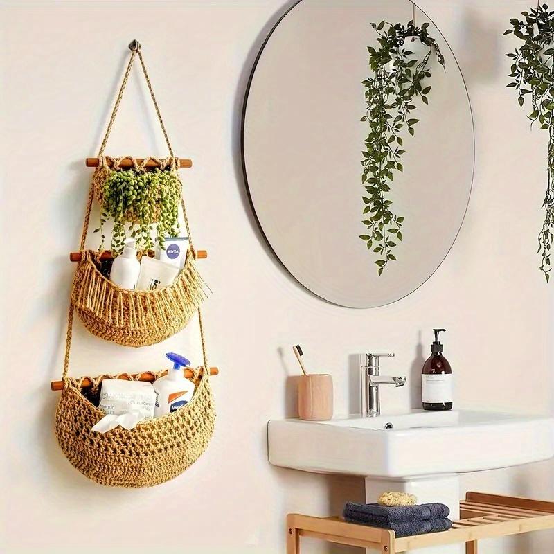 2pcs 3 Tier Hanging Fruit Basket, Wall Hanging Vegetable Fruit Baskets Woven Storage Baskets for Organizing, Wall Basket Decor, Over the Door Organizer for Kitchen, Bedroom, Bathroom