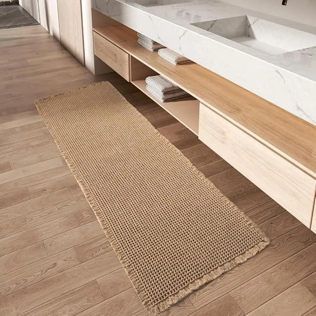 Upgrade Long Waffle Carpet, Super Absorbent Non-Slip Bath Mat, Washable Fringe Bathroom Rug, Ideal for Hallway Bedroom Laundry Room