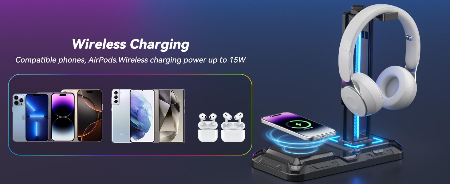 STANDARD GOODS GJ P-CPS019 Headphone & Controller Stand with Wireless Charging - Rotatable Headset Stand with 9 Light Modes - Controller Holder with 2 USB and Type C Ports - for Gamers Desktop Accessories STANDARD GOODS GJ P-CPS019 Headphone & Controller Stand with Wireless Charging - Rotatable Headset Stand with 9 Light Modes - Controller Holder with 2 USB and Type C Ports - for Gamers Desktop Accessories
