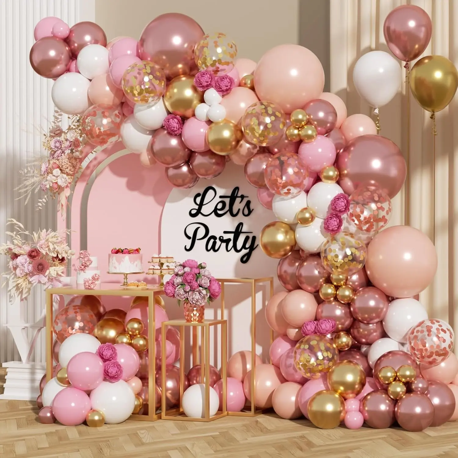 Rose  Balloon Arch Kit, 164 count Nude Pastel  Metallic  White and Confetti Balloon Garland kit for Girl Birthday  Shower Wedding Galentine's Day Valentine's Day Party Decorations