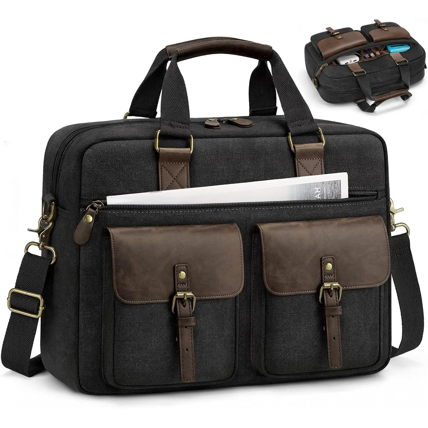 Briefcase for Men, Canvas 15.6 Inch Laptop Bag, Padded Sleeve | Messenger Bag with Multiple Pockets, Water Resistant Work  Bag,  Strap for Office Commuting, College & Travel