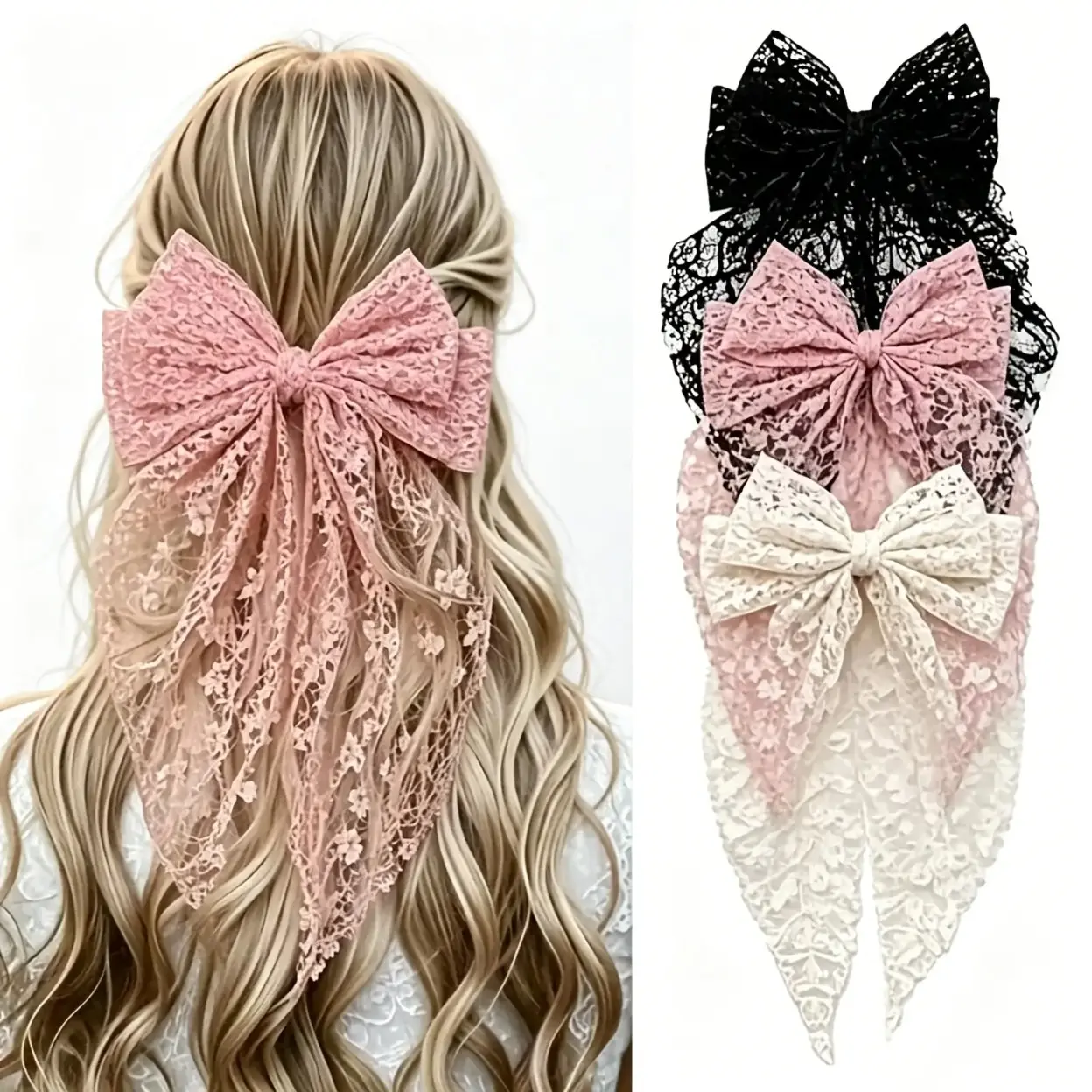 Women’s 2026 New 3-Pack Bow-Knot Lace Ribbon Hair Clips - Lightweight Durable Black, Pink Spring Hairpins, Bride Look Elegant Hairpiece for Party, Daily DIY Bag Accessories