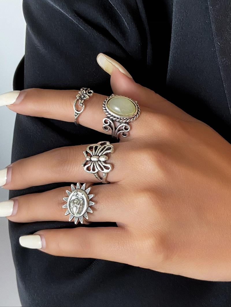 4pcs/set Vintage Butterfly & Flower Design Grunge Ring Bundles Kit, Streetwear Stack Ring, Fashion All-match Accessories for Women & Girls