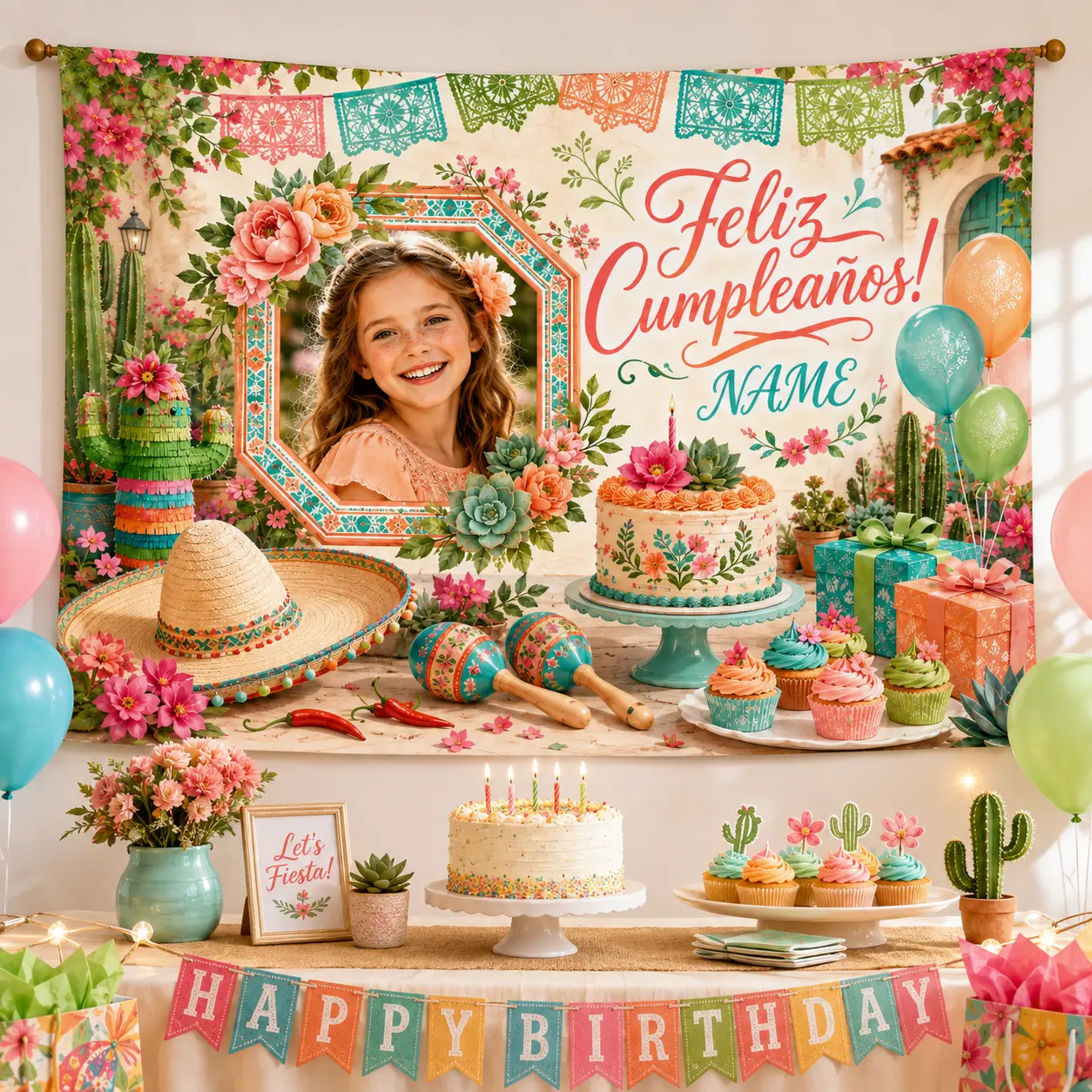 Personalized Floral Garden Birthday Backdrop with Custom Name and Photo, Pink Flower Party Background for Girls