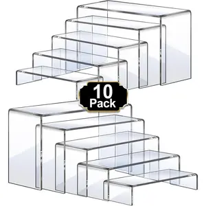 Large Clear Acrylic Display Risers, 2 Sets 10 Pcs (7”/8”/9” Length) Rectangular Transparent Display Shelves, Showcase Holder Stand for Cupcake & Home Decor