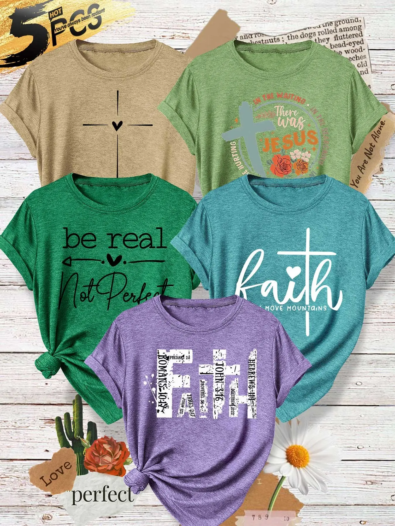 Five-Piece Women's Round Neck T-Shirts, Cross Faith Handwritten Inspirational Print, Soft Fabric, Casual Summer Top, Casual Everyday Tee