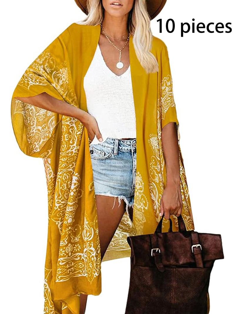 Women's Ethnic Pattern Batwing Sleeve Kimono, Casual Three Quarter Length Sleeve Split Hem Kimono, Ladies Summer Swimwear for Beach Vacation