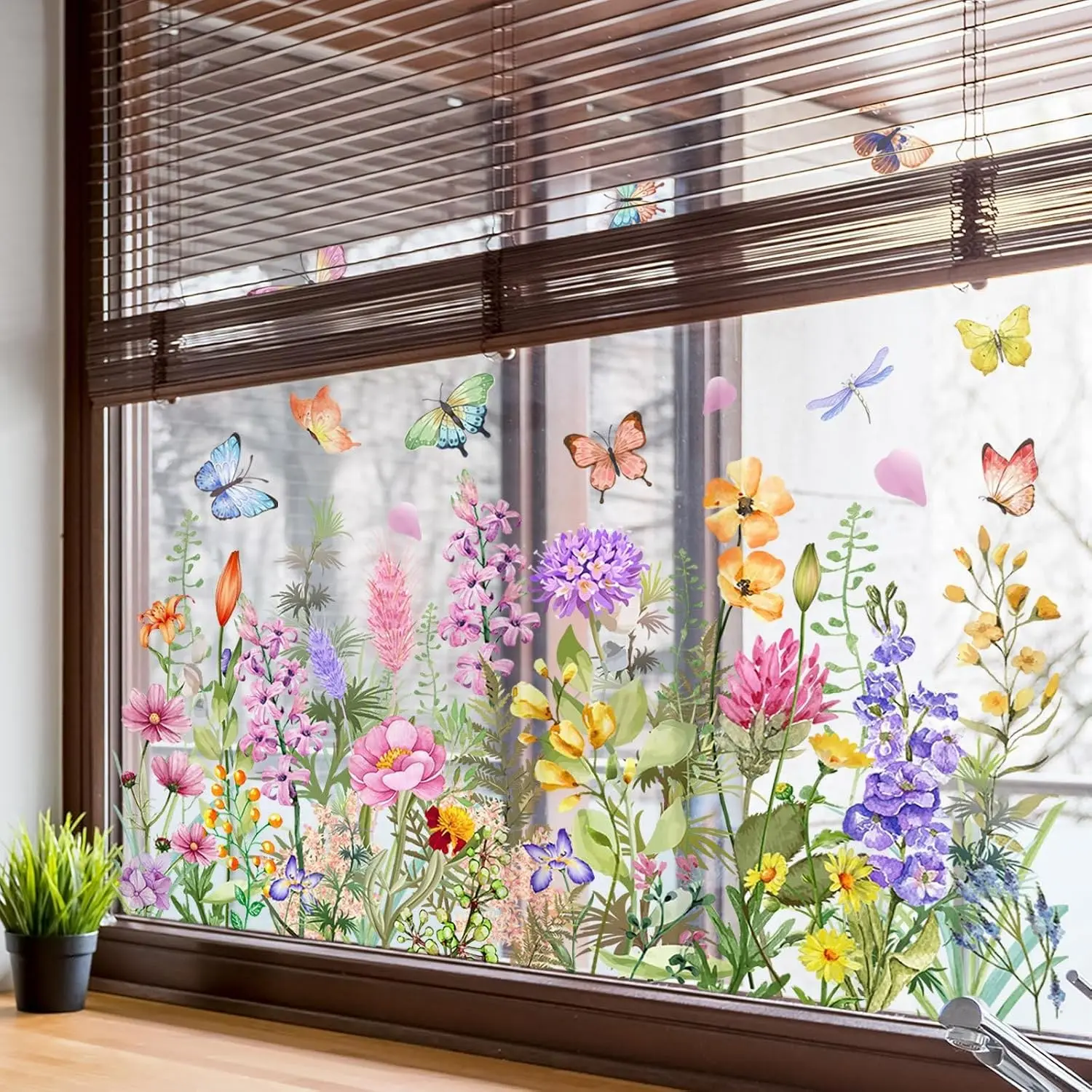 Decorative Flower Garden Glass Window Stickers, Colorful Flowers-Butterfly Bouquet Double-Sided Reusable Smooth Decals for Home, Classroom Decor