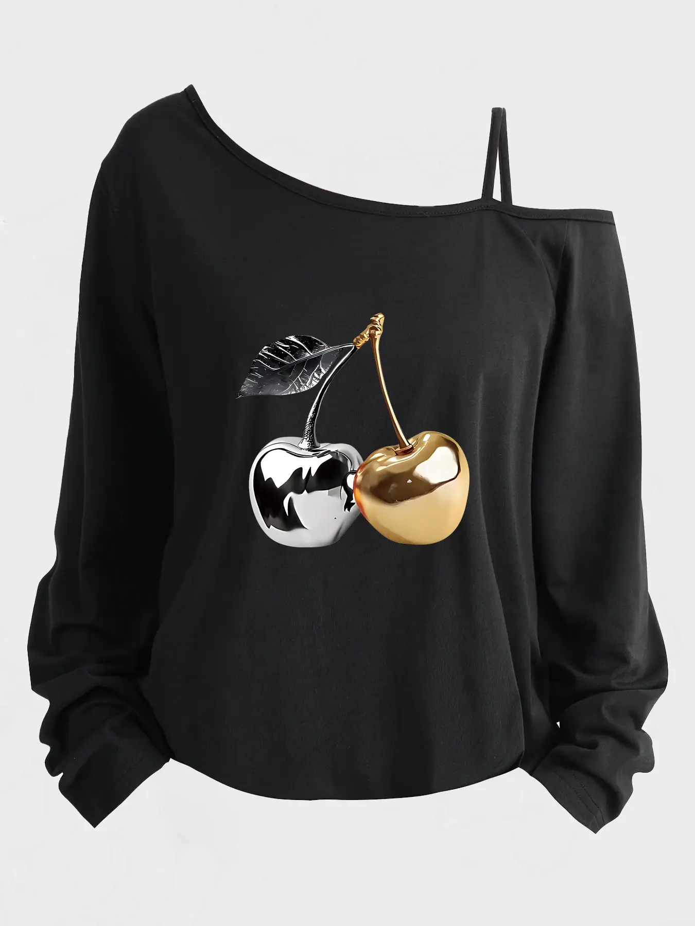 Women's Asymmetrical Neck Long Sleeve T-Shirt, Cherry Pattern Print, One-Shoulder Design, Casual Fashion for All Seasons