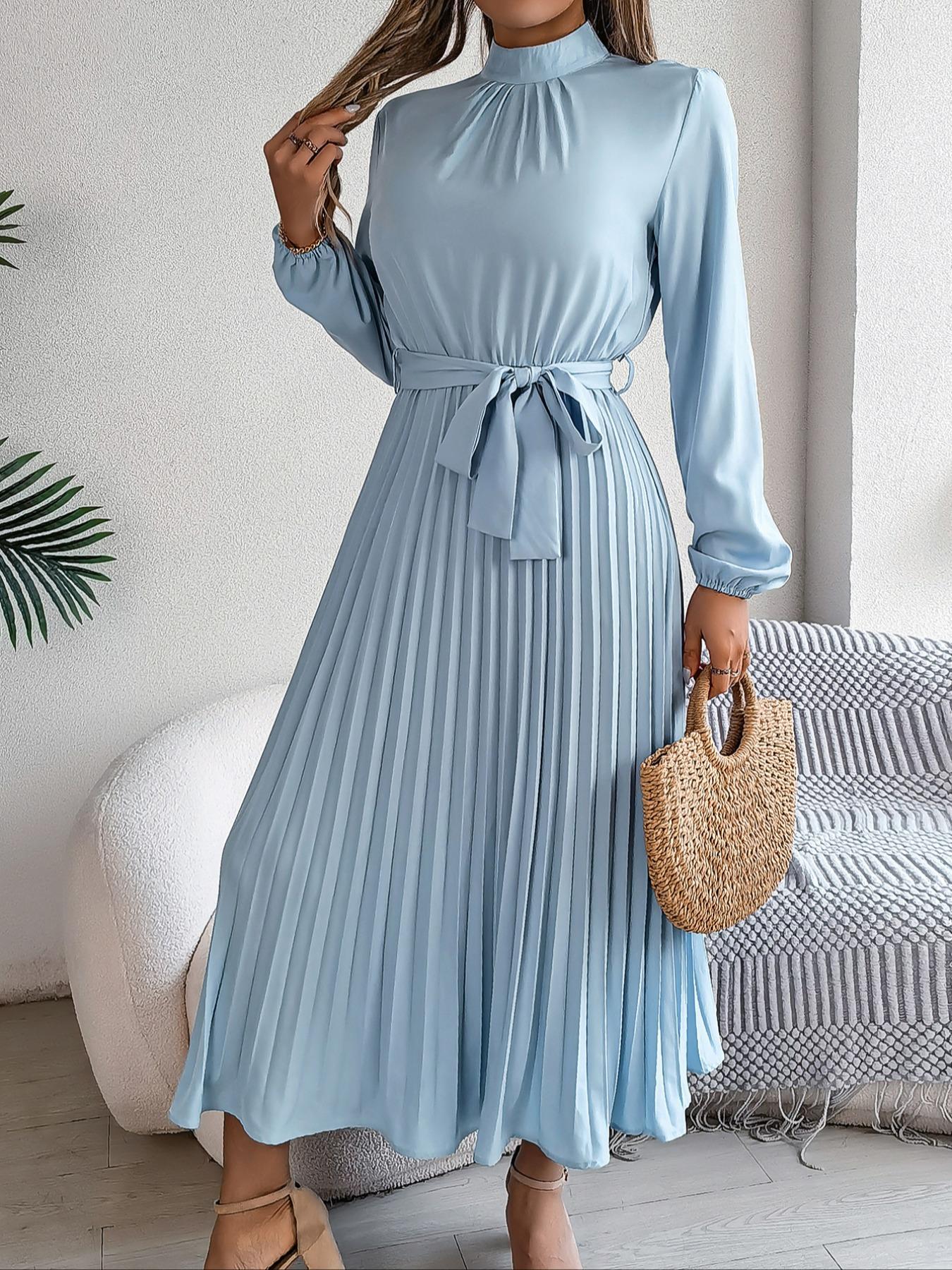 Women's Elegant Chic Long Sleeve Belted Pleated Dress, Spring & Fall Fitted Plain Design, Middle East Style Maid of Honor Gown
