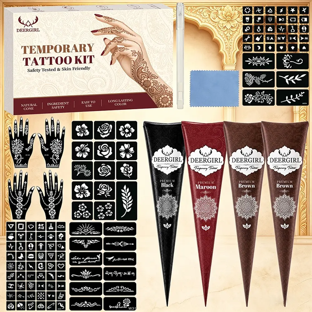 Ins Viral Aesthetic Full Henna Tattoo Tool Kit, Multi-tone Smooth Henna Cone Paste, Abundant Floral Palm Mini Hollow Stencils, Skin-safe Long Lasting Pigment, Body Art Gift Set For Vacation Music Festival & Group Gathering