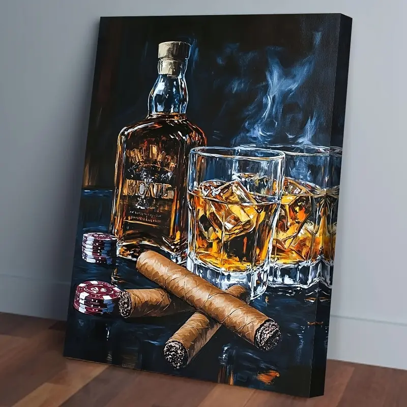 1pc Large Retro Minimalist Whiskey-Cigar-Poker Night Canvas Wall Art - Artistic Cotton Wrapped Framed Artwork, Vintage Bar Decor with Scotch Bottles & Poker Cards, for Game Room & Office