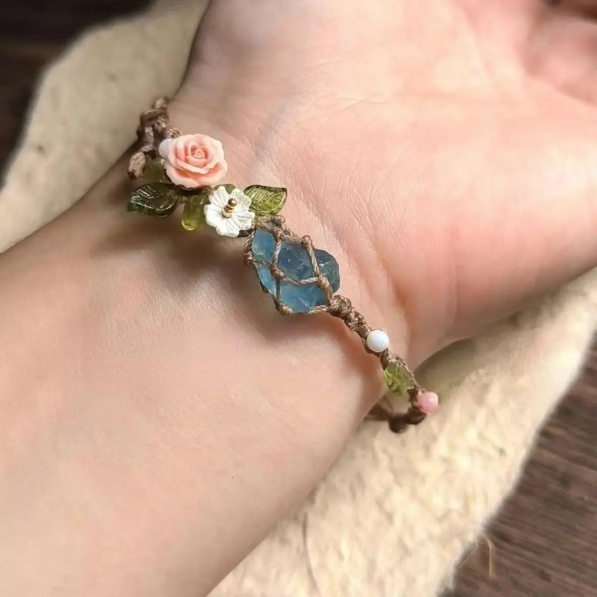 Unisex Handwoven Raw Aquamarine Bracelet - Adjustable Cord, Genuine Stone Rough Crystal Jewelry for Energy Protection & Daily Wear, S203 Series Cord Bracelets & Bangles, Aquamarine Ring