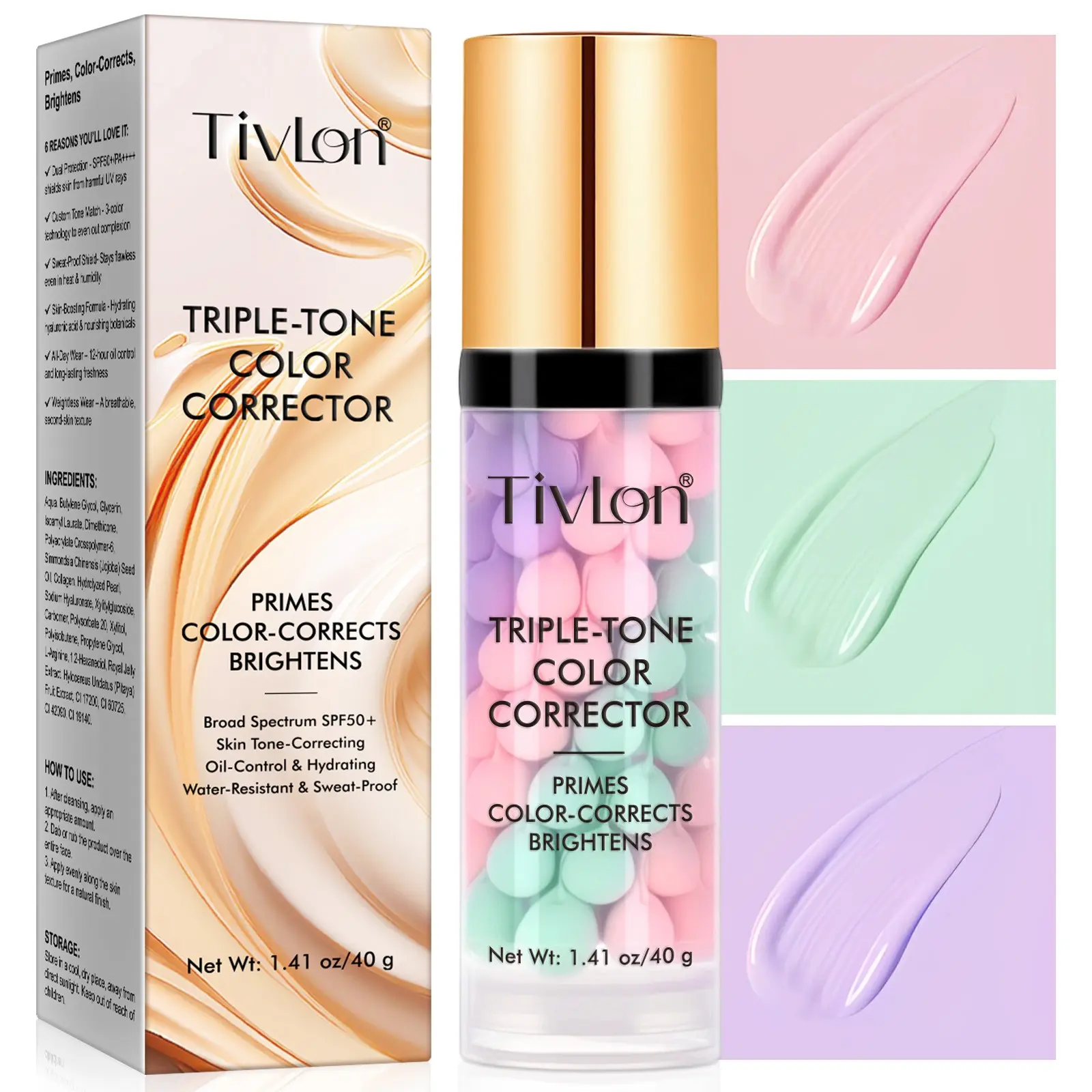 40g Tri-Color, Brightening Primer: Moisturizes and brightens the face, smooth texture glides on easily, applies evenly, provides sun protection, creating a natural-looking base for your makeup.