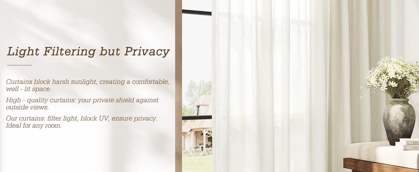 Warm Beige Linen Curtains 84 Inches Long Back Tab for Living Room 2 Panels Modern Farmhouse Set Hook Belt Linen Curtain Sheer Light Filtering Privacy Elegant Window Drapes for Dining Room 52x84