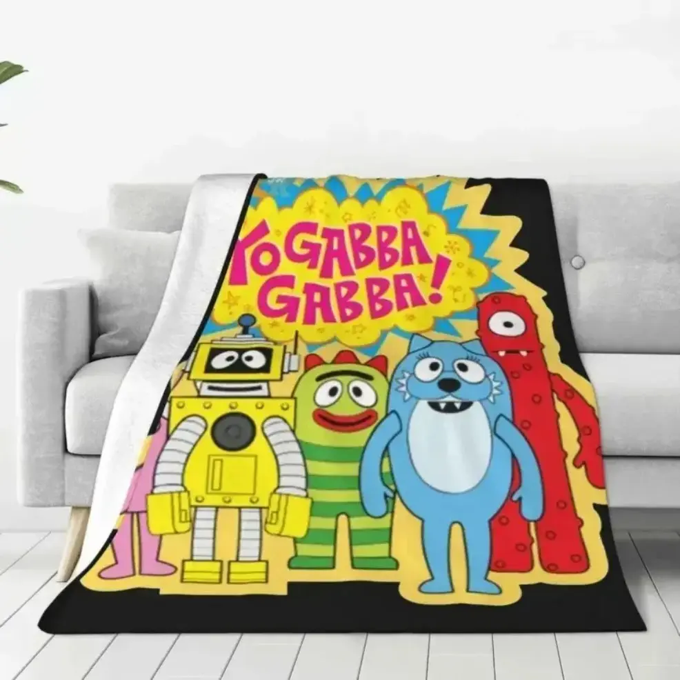 Yo Gabba Gabba Cartoon Print Flannel Weave Throw Blanket, Baby & Adult Size, Soft Texture, Whimsical Look, Warm Cozy Bedding for Spring, Autumn Home Decor, Perfect Holiday & Birthday Gift for Cartoon Show Fans birthday gift Comfort Blanket
