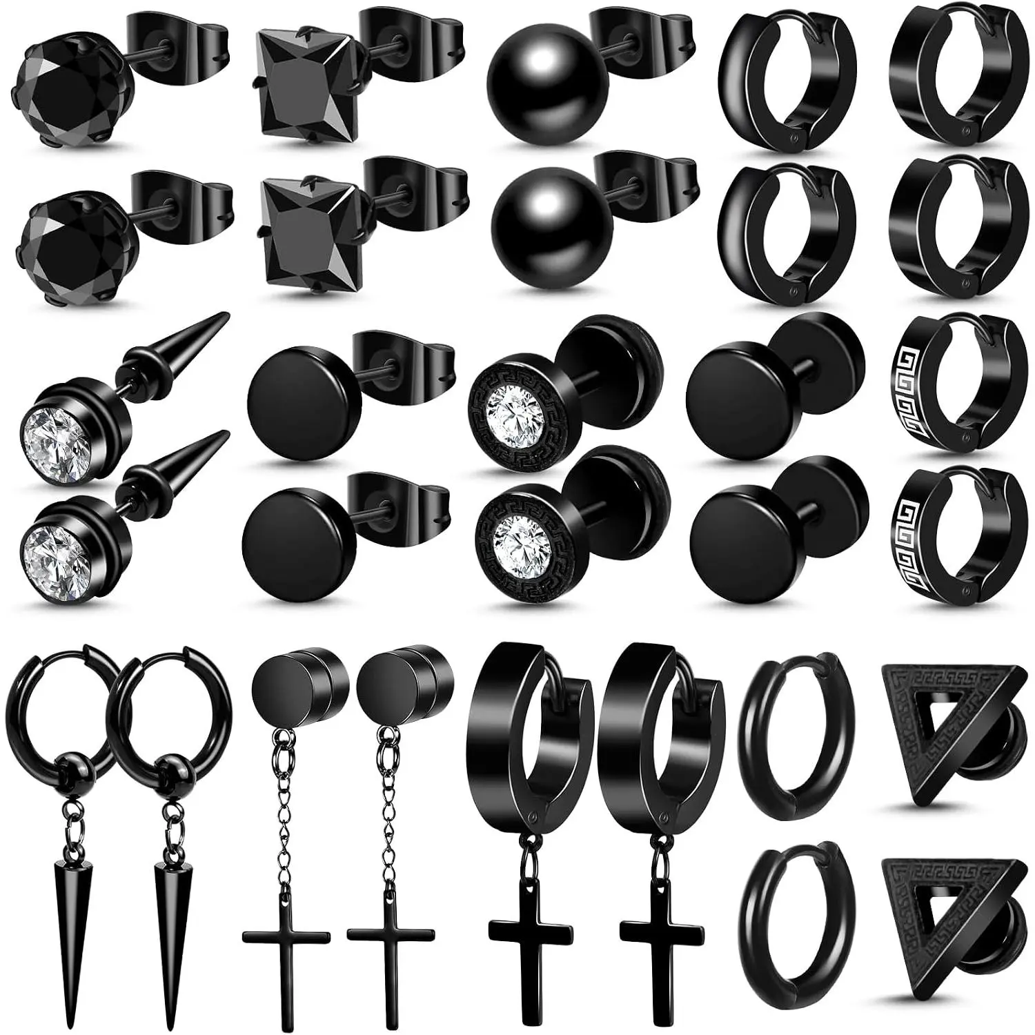15 Pairs Black Earrings for Men, Stainless Steel Mens Earrings set with Studs Hoop Earring  Dangle Earrings  Ear   for Men Women