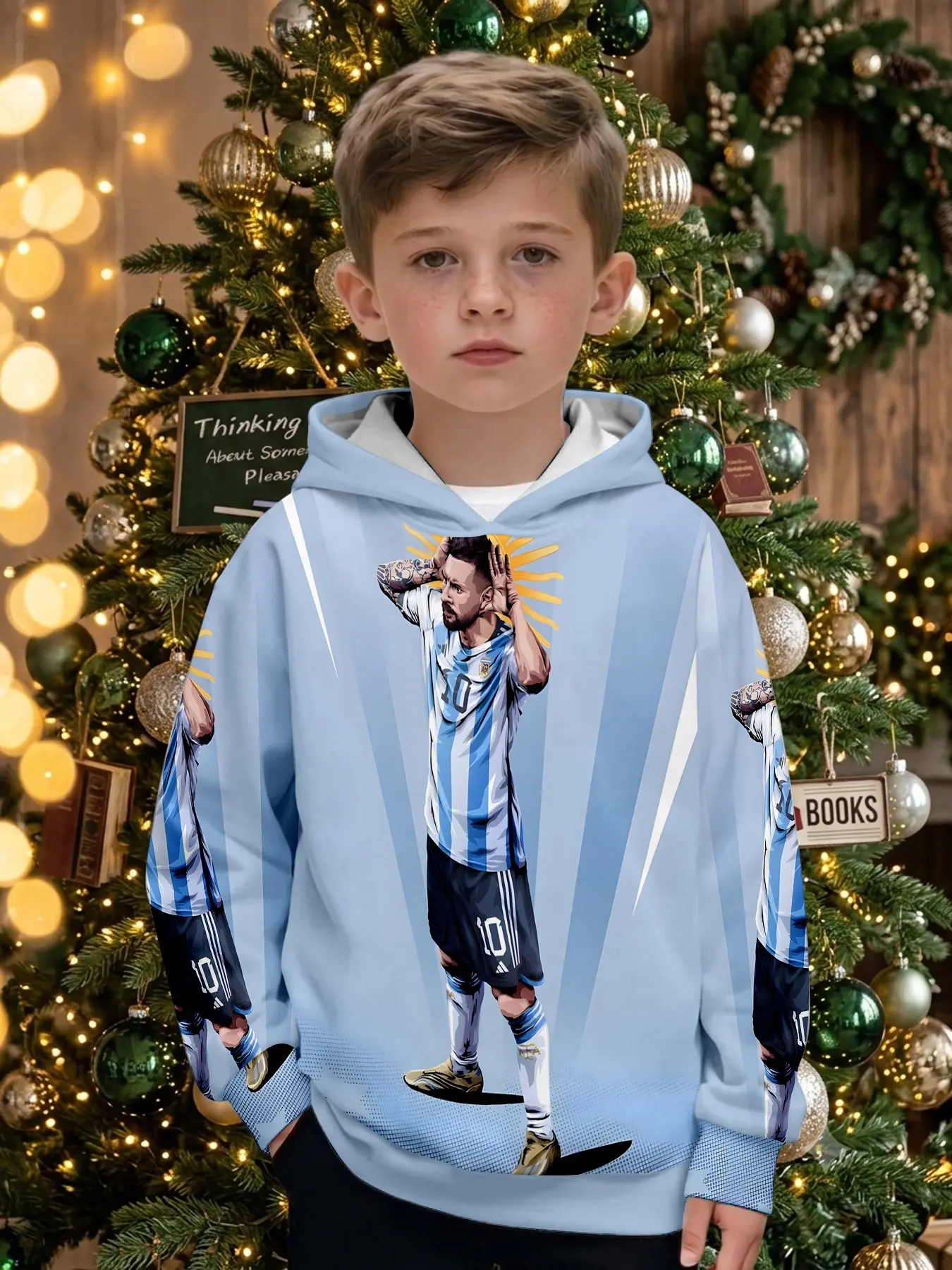 Argentina Messi Celebration Print Hoodie for Boys, Football Fan Long Sleeve Sweatshirt, Outdoor Christmas Gift, Fall & Winter Casual Wear