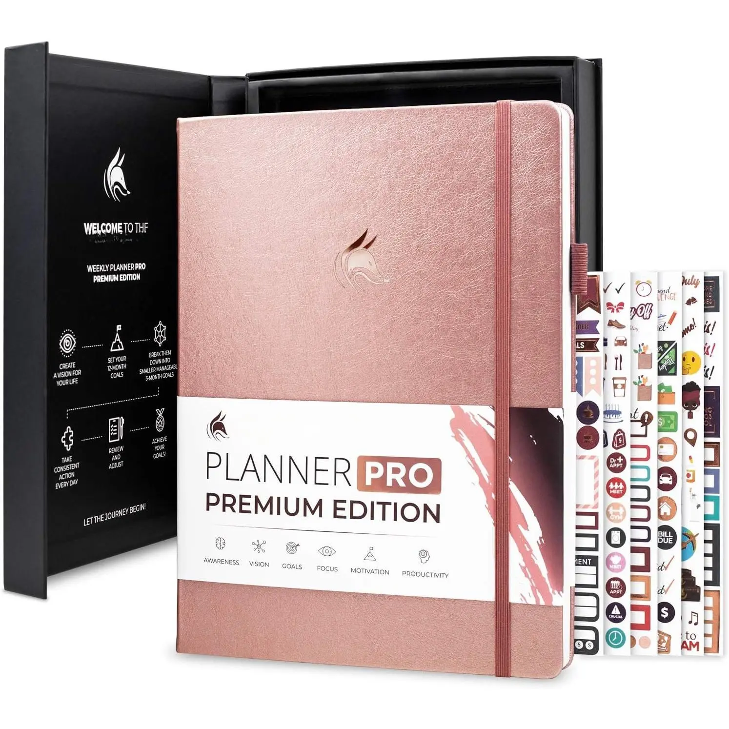 Planner PRO , Undated Weekly, Daily, Budget, Rose  | 8.5”x11" Not dated, Eco leather hardcover, box, stickers, Detailed vision & goal setter, Weekly pages & Monthly calendars