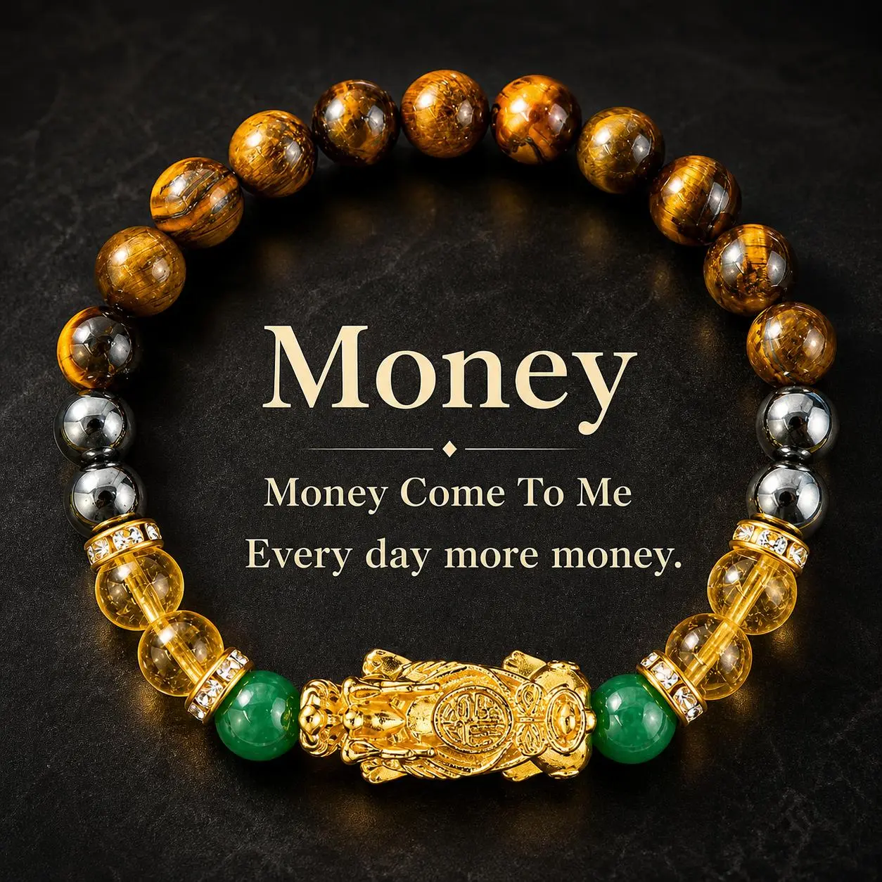 ARPURRAINA Bracelet for Men, Natural Energy Stone with Citrine, Green Aventurine & Tiger Eye, Beaded Male Jewelry with Pixiu Charm for Daily Protection, Success & Wealth, 8mm Beads, 20cm