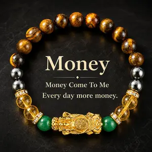 Arpurraina Money Attraction Crystal Bracelet, Feng Shui Pixiu Natural Stone Beaded Bracelet with Citrine, Green Aventurine, Black Obsidian & Tiger Eye for Good Luck Wealth Energy,Success & Protection,Pi Yao, Spiritual Jewelry bracelet men