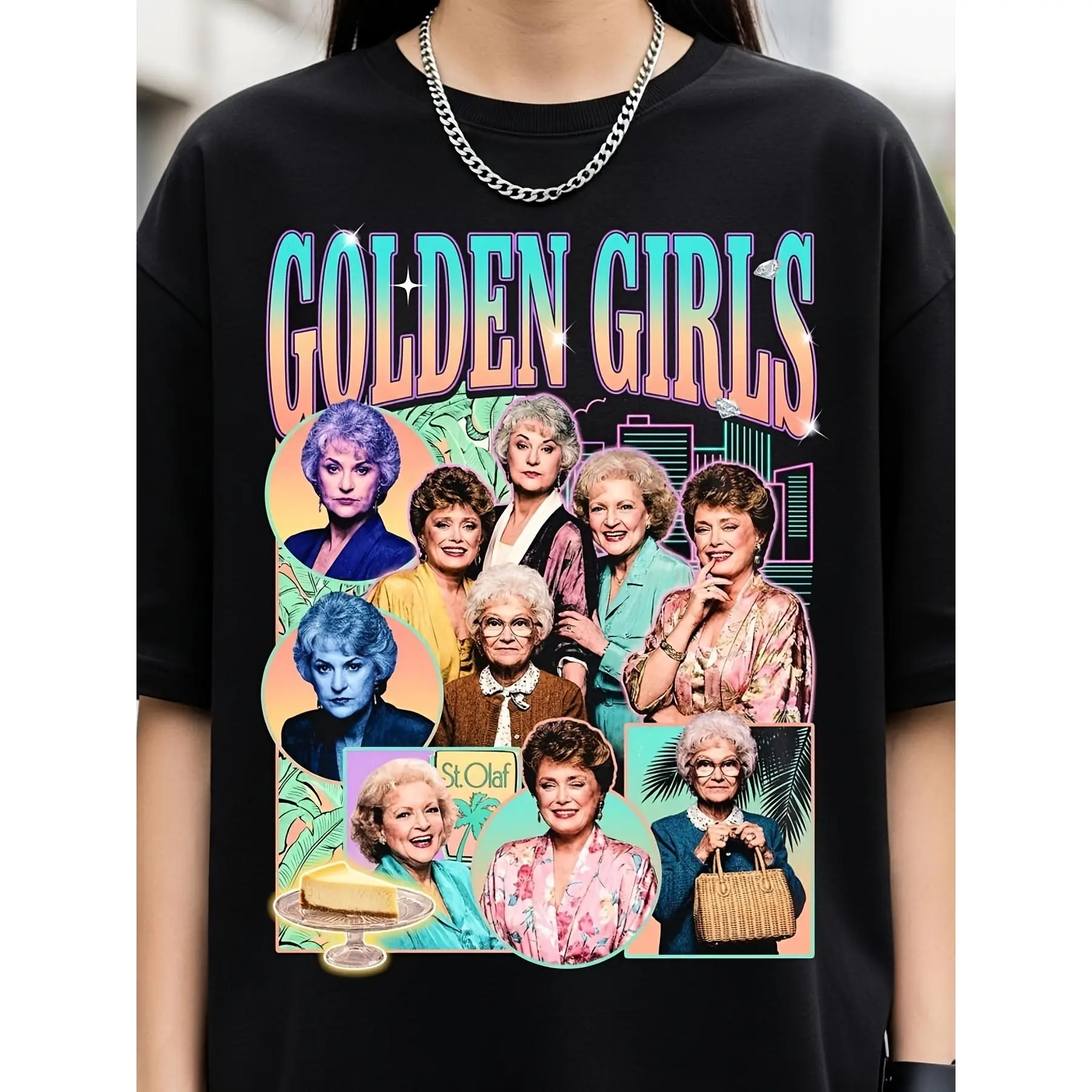 Vintage Golden Girls Retro Bootleg Style Gradient Letter Graphic Crew Neck Tee for Men, Classic 80s Sitcom Four Leading Ladies Collage Portrait Print Short Sleeve Pullover T-shirt, Nostalgic St.Olaf Cheesecake Themed TV Fan Regular Fit Knit Top, Slight St