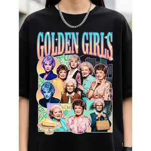 Vintage Golden Girls Retro Bootleg Style Gradient Letter Graphic Crew Neck Tee for Men, Classic 80s Sitcom Four Leading Ladies Collage Portrait Print Short Sleeve Pullover T-shirt, Nostalgic St.Olaf Cheesecake Themed TV Fan Regular Fit Knit Top, Slight St