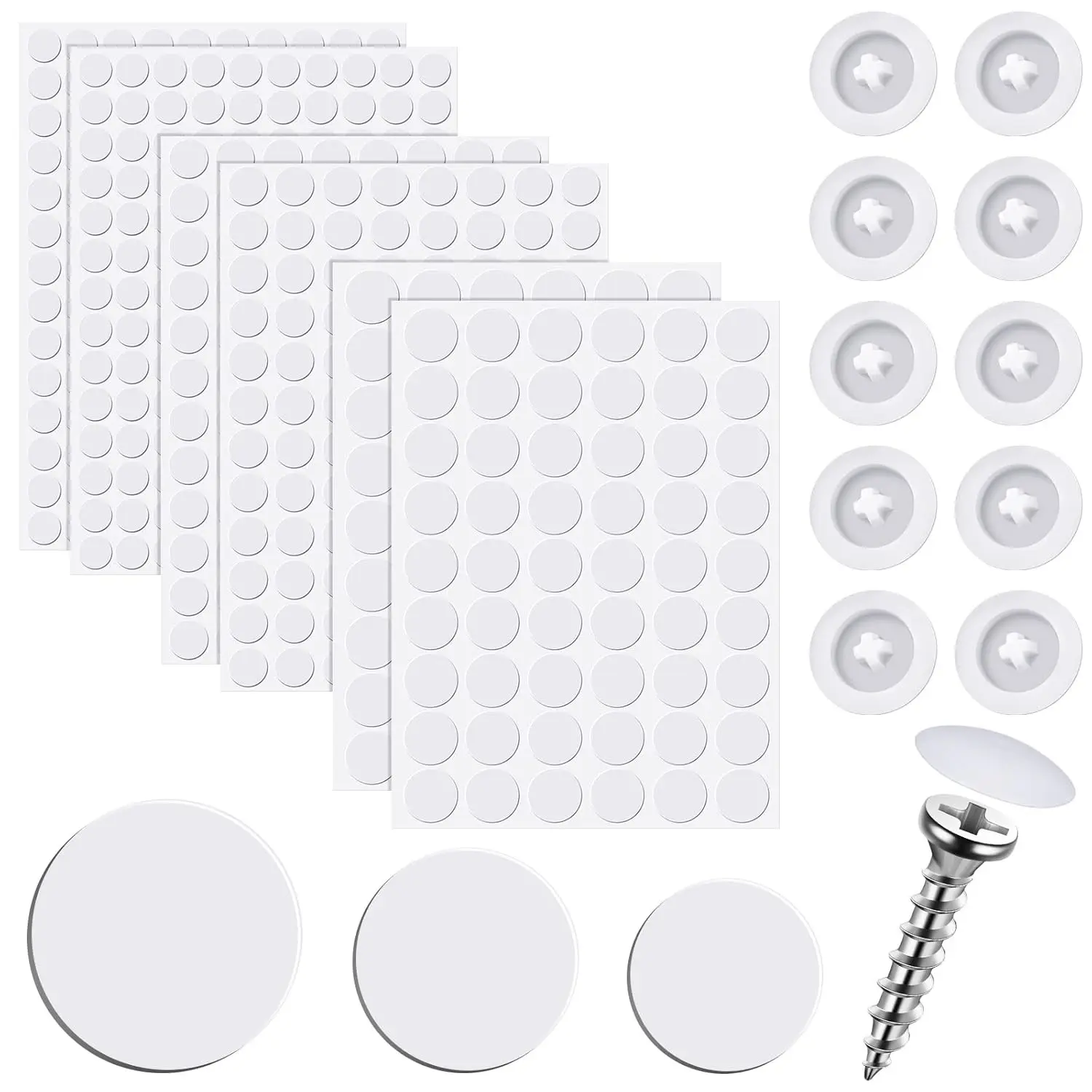 Eersida Multi-Size Rust-Proofing 100 Pcs Plastic Self-Tapping Screw Covers, 580 Pcs Self-Adhesive Screw Hole Cover Stickers, White for Wood Furniture, Furniture Fixings