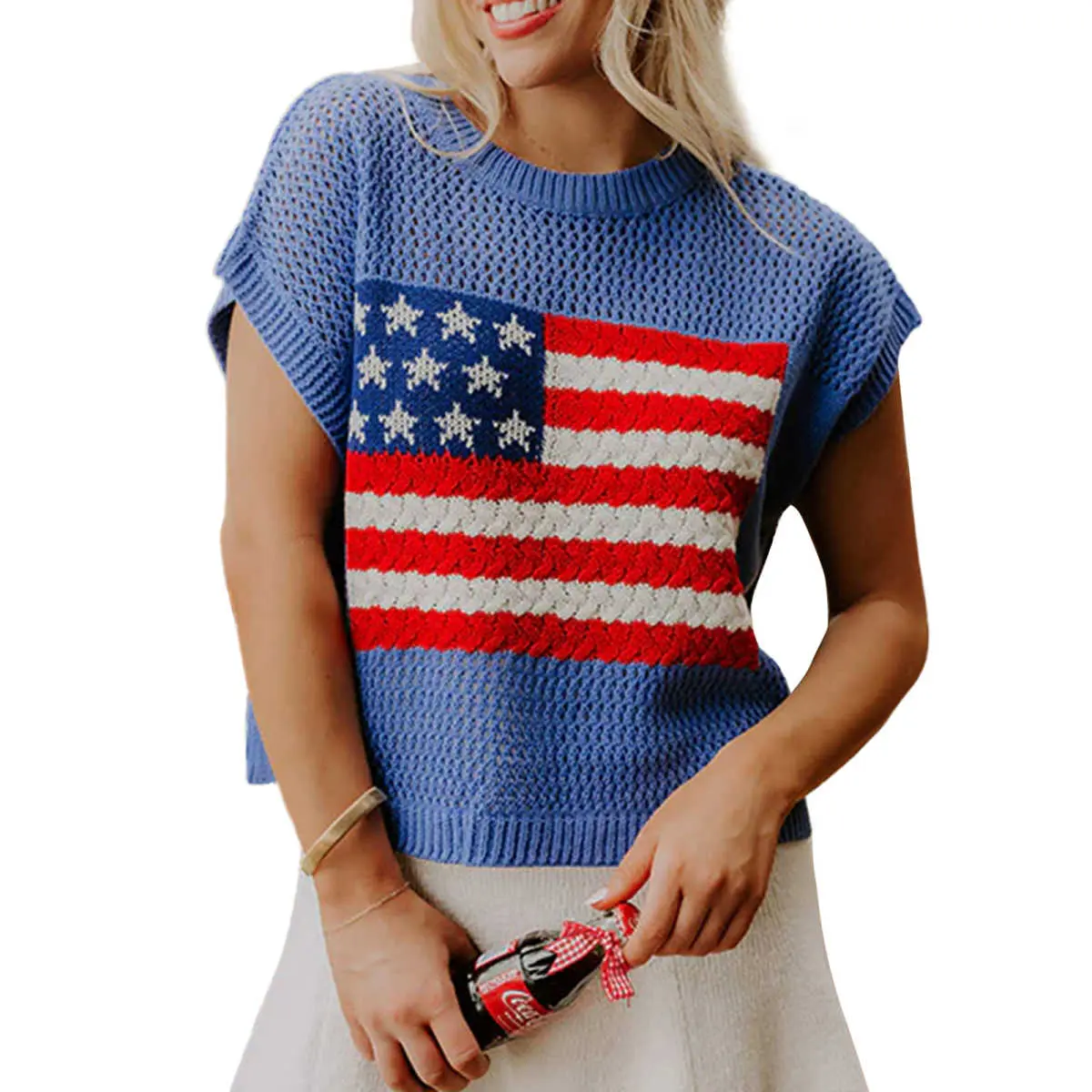 Women's American Flag Graphic Knit Pullover, Casual Crewneck Short Sleeve Sweater in a Loose Fit for Casual Meetups, Knitwear, Easy Pullover For Casual Meetups