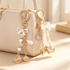 Viral Soft Girly Coastal Aesthetic Keyring Pack | White Bow Shell & Gold Heart Multi Dangle Pendant