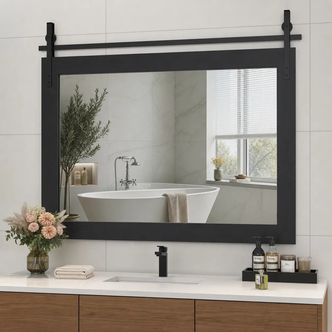 Nokaa 40x26 Inch Farmhouse Bathroom Mirror, Rustic Wood Framed Wall Mounted Vanity Mirror, Black Vintage Barn Door Style Decorative Mirror, Tempered Glass, for Bathroom Bedroom Entryway Living Room