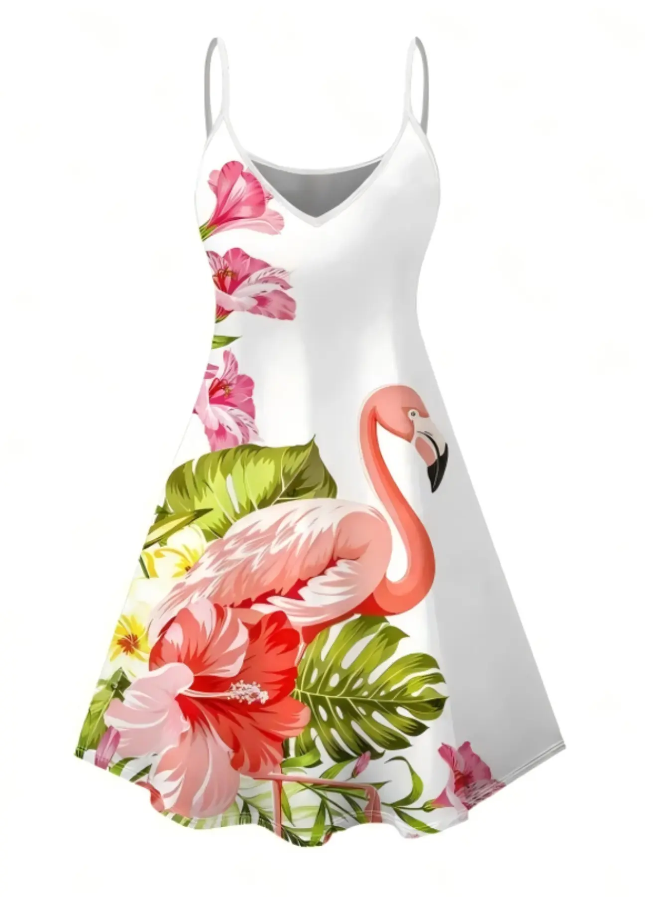 Vacation Dress, Casual Wear with Flamingo and Hibiscus Floral Leaf Print, Thin Straps, Hawaiian Style, Tropical, Perfect for Summer