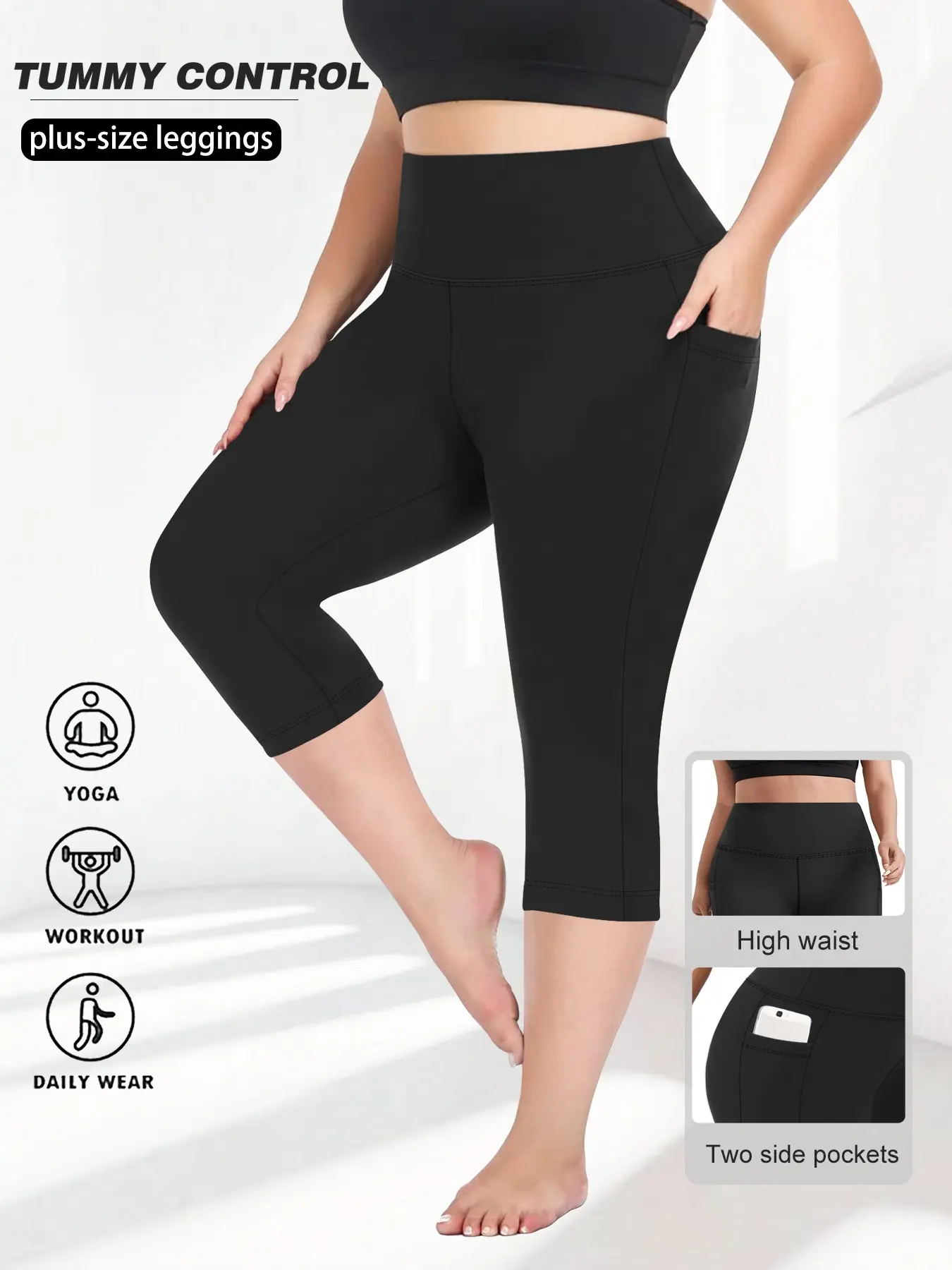 Women's Plus Size High Waist Compression Shapewear Pants, Casual, Tummy Control Butt Lifting, Breathable Comfort, Pocketed Seven-Quarter Tight Fit, Summer Workout Yoga Cycling Bottoms