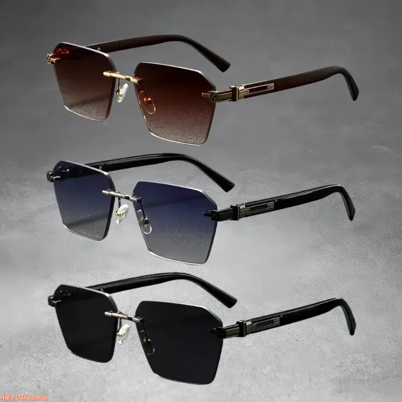 Men's 3-Pack Contemporary Sunglasses Set - Rimless Outdoor Shades, Geometric Angular Frame, Gradient Tint, UV400 Anti-Ultraviolet Fashion Eyewear for Women, Angular Frame Glasses, Stylish Accessories, Nylon, Uv400 Lens