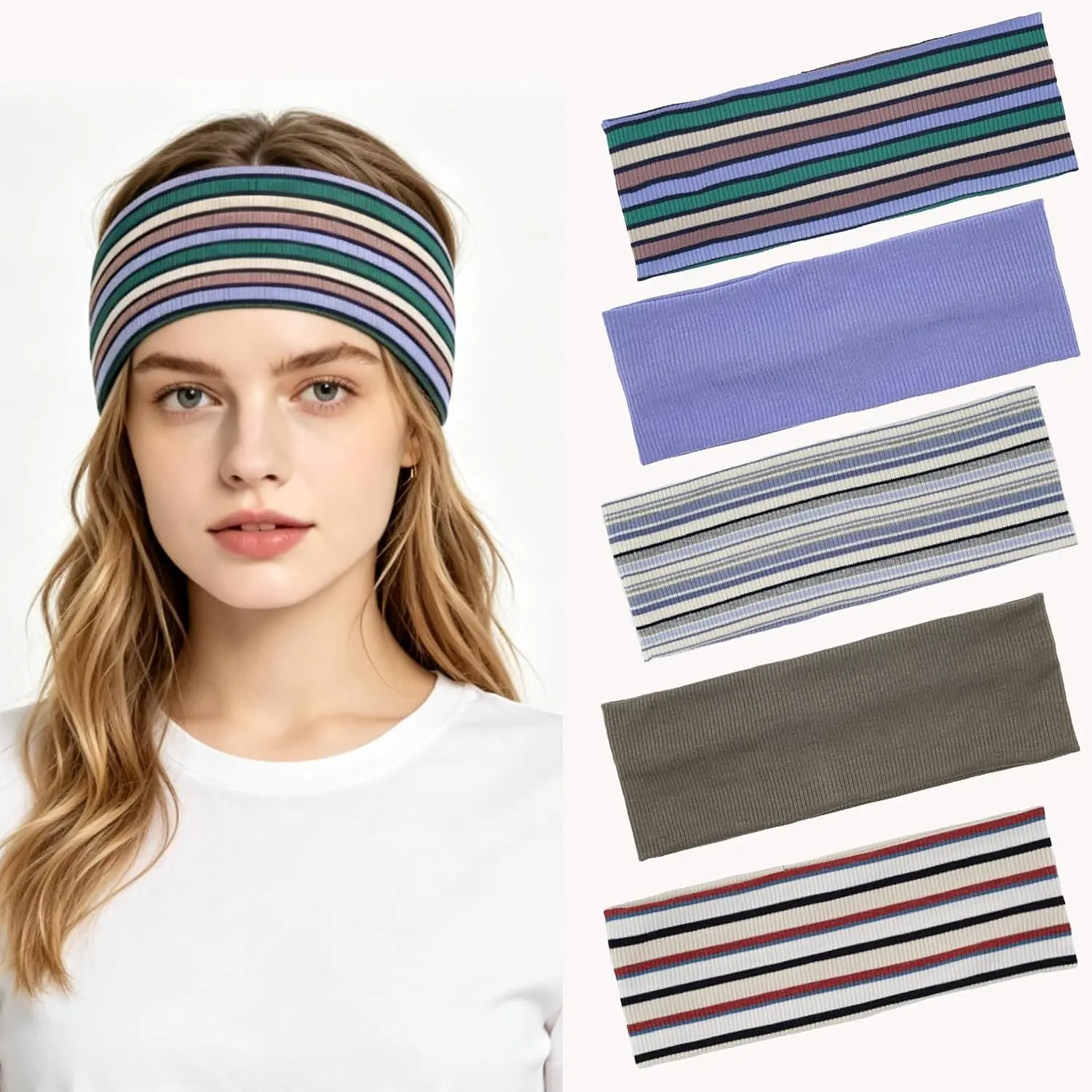 5 count Comfortable Striped Headbands for Women, Cute  Bands for Women's Hair, Fashion Hairbands Trendy Hair Accessories